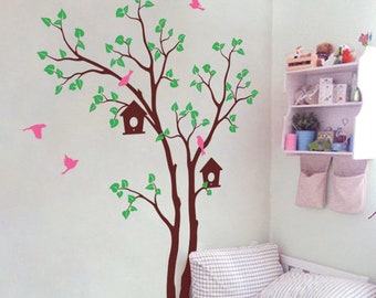 Tree wall decals Birdhouse and flying birds wall sticker Nursery wall decoration with leaves 012