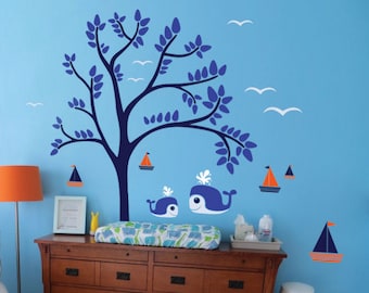 Nursery tree wall decal with whales, sailboats, birds and leaves,  Children's room decoration, Animal stickers - 027