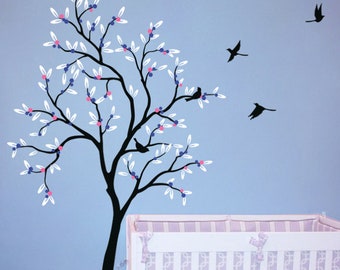 Baby nursery tree wall decal with leaves and birds great as children's room decor Wall stickers 022