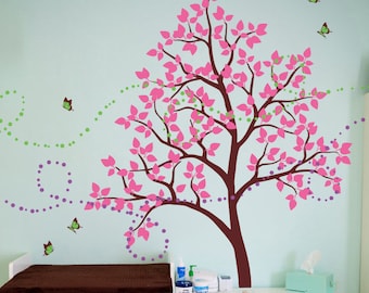 Nursery tree wall decal with butterflies and leaves Wall sticker for Kids room Wall Art Mural decor - 026