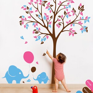 Nursery tree wall decal Tree Wall Sticker with leaves, cute elephants and balloons Kids room decoration Tree Wall Mural 042