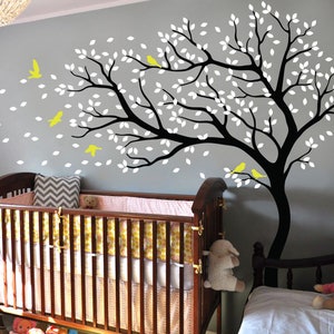 Tree wall decal huge tree wall decals nursery wall decor wall mural kids room wall decoration with cute birds and leaves - 098