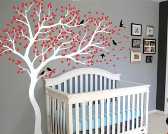 White Tree Wall Decal Huge Tree wall decal Wall Mural Stickers Nursery Tree and Birds Wall Art Tattoo Nature Wall Decals Decor - 099