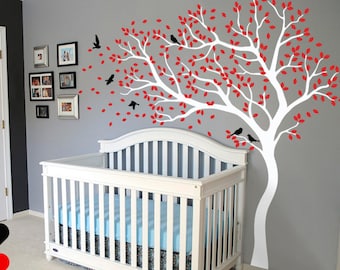 Adesivo de parede de árvore – Decoração para quarto de bebê com pássaros e folhas