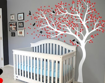 Tree wall decal huge tree wall decals nursery wall decor wall mural kids room wall decoration with cute birds and leaves - 098