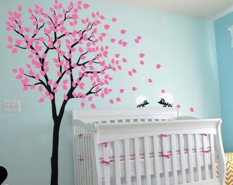 Adesivo murale con albero della vita dei bambini, ricci e foglie, decorazione per la cameretta dei bambini