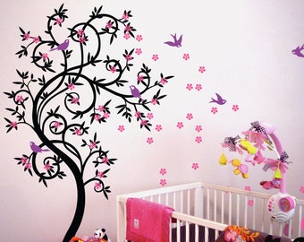 Tree Wall Decal with Birds Leaves and Cute Cherry Blossom Whimsical Baby Room Decor Large Nursery Tree Wall Art Mural tattoo sticker - 040