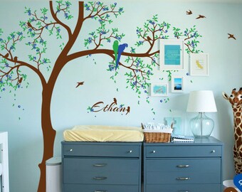 Large Tree wall decals with personalized baby name and parrots snuggling, Wall tattoos, Nursery decor ideas - 061