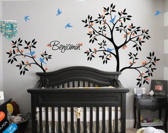 Personalized nursery tree wall decal with baby name, Flying birds and cute leaves wall mural sticker trees nature 052