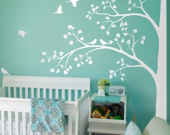 Large White Tree Wall Decal Corner Tree Sticker with Leaves and Birds Nursery Decor Large Tree Mural  White Whimsical Tree Wall Art 011