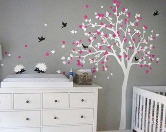 Adesivo murale per cameretta dei bambini con albero, ricci, uccelli, fiori