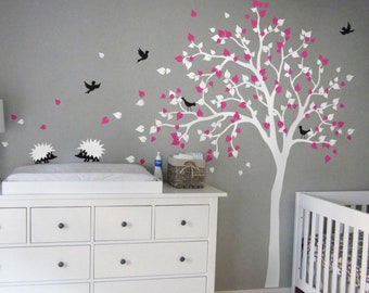 Baby Nursery Tree Wall Decal  White Tree Wall Sticker with Hedgehogs, Leaves, Birds, Blossoms Kids Stickers - 025-1