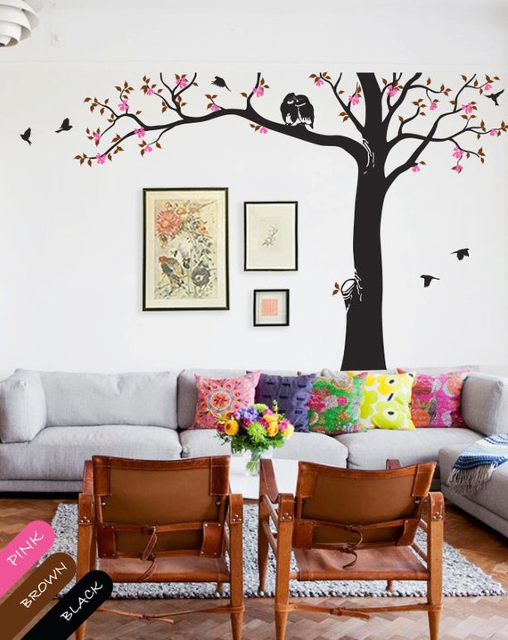 Stickers Muraux Grand Arbre Fleurs Bleues Autocollant Mural Floral  Aquarelle Oiseaux Décoration Murale Chambre Salon Bureau