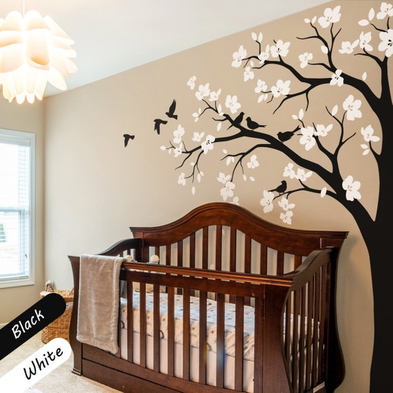 Large Tree Wall Decal Corner Tree Sticker With Big Blossoms Huge