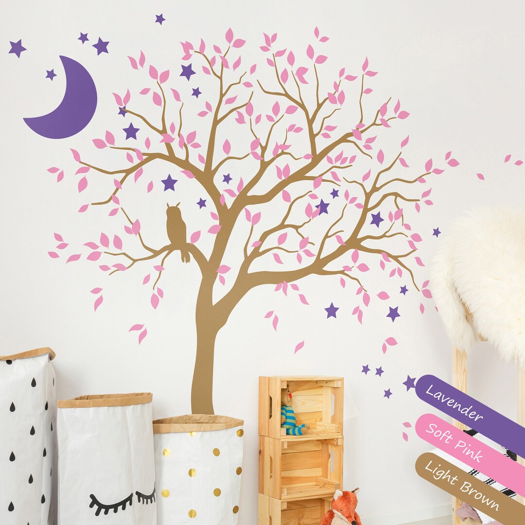 Large Tree Wall Decal With Owl, Moon, and Stars, Nursery Wall Art - Etsy