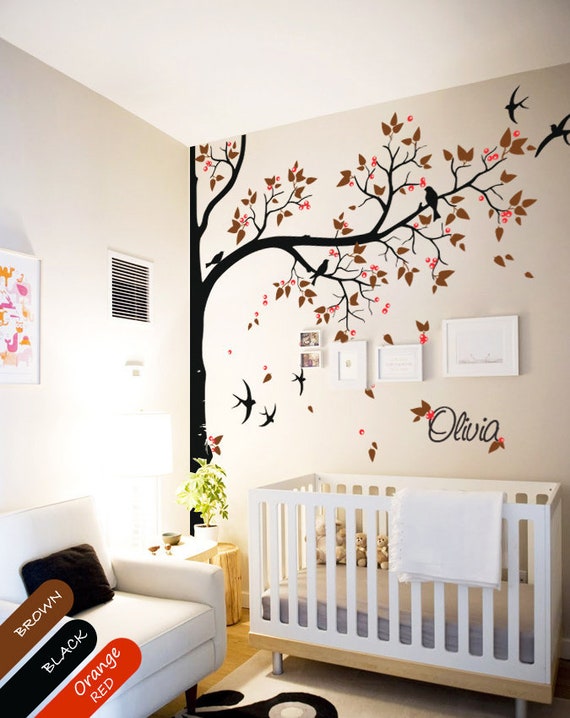 Vinyl Wall Decals Trees Wall Sticker Baby Nursery Children Wall Decor Home  Decor Wall Hanging Two Branch Corner With Flying Birds 