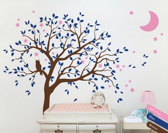 Large Tree Wall Decal Sticker with Owl, Moon and Stars - Big Nursery Wall Art Mural Decoration 088R