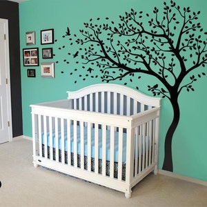 Tree wall decal huge tree wall decals nursery wall decor large wall mural kids room wall decoration with cute birds and leaves - 098