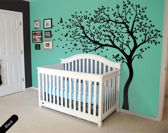 Tree wall decal huge tree wall decals nursery wall decor large wall mural kids room wall decoration with cute birds and leaves - 098