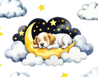Adesivo da parete in tessuto con cucciolo addormentato / Decorazione per cameretta con luna e stelle