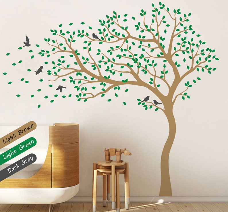 Tree wall decal huge tree wall stickers nursery wall decor wall mural kids room wall decoration with cute birds and leaves 098 image 1