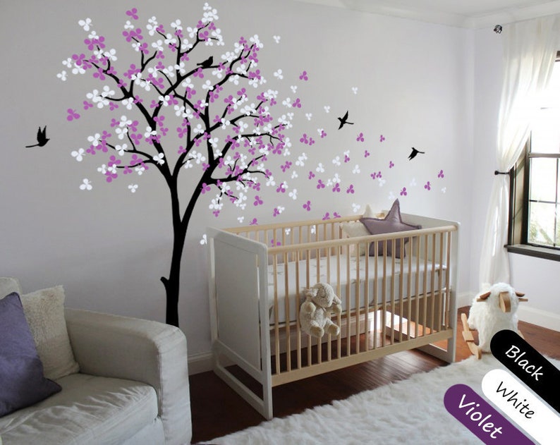 Tree Wall Decal Modern Baby Nursery Decals With Blossoms And Birds Mural Sticker Decor 002