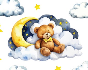 Adesivo da parete per cameretta orsetto / Adesivo in tessuto con scritta "Dormire su una nuvola, luna e stelle"