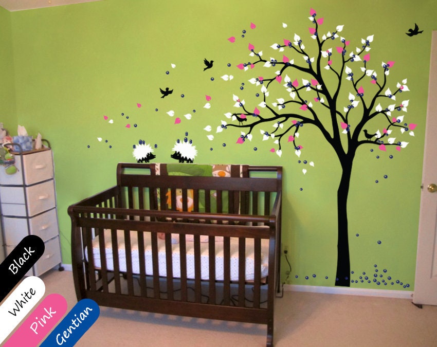 Tree wall decals with hedgehogs Nursery wall decoration for baby's room KR014 