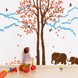 Large tree wall decals with clouds elephants birds and leaves nursery birch tree wall mural 016