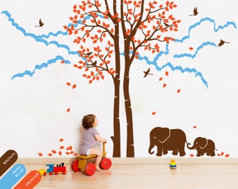 Tree Wall Decal with Elephants, Birds, and Leaves, Nursery Mural