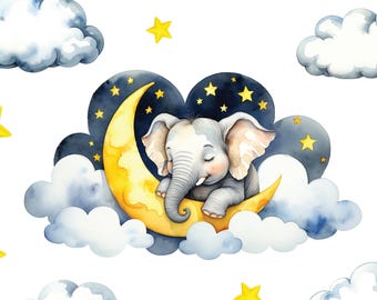 Adesivo murale elefante addormentato / Set di adesivi in tessuto luna e stelle