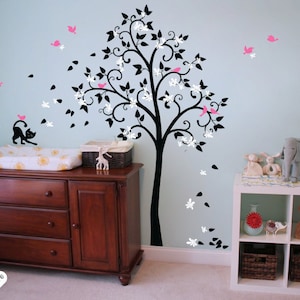 Nursery tree wall decal Large Tree Wall Sticker with curly branches, blossoms, leaves and cute cat - 051