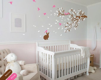 Nursery room wall decal with cute rabbit, Wall stickers, Branch with birds - 055