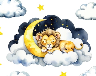 Adesivo da parete in tessuto con leone addormentato / Decorazione per cameretta con luna e stelle