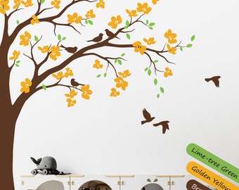 Adesivo murale ad albero angolare con fiori, foglie e uccelli