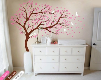 Tree wall decal Large tree wall decals nursery wall decor whimsical wall mural kids playroom wall decoration with cute birds and leaves 099