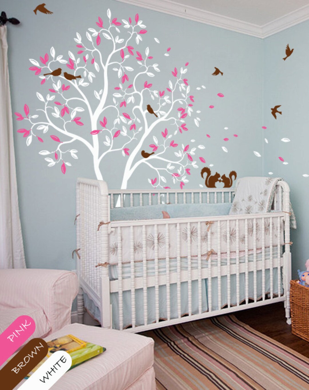White Tree Wall Decal Nursery Wall Mural Sticker With Cute Squirrels ...