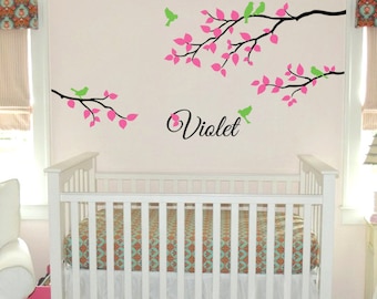Personalized nursery wall decal branch with birds and leaves - baby room decoration - 041