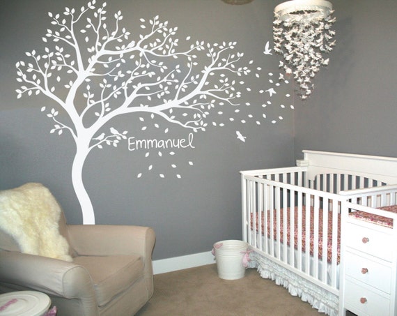 white tree wall decal with birds and custom baby name tree | etsy