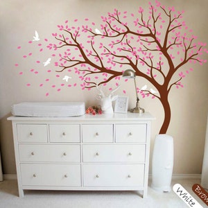 Tree wall decal huge tree wall sticker nursery wall decor large wall mural kids playroom wall decoration with cute birds and leaves - 098