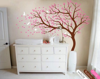 Tree wall decal huge tree wall sticker nursery wall decor large wall mural kids playroom wall decoration with cute birds and leaves - 098