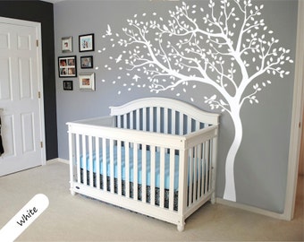 White Tree Wall Decal Huge Tree wall Mural Stickers for Nursery with Birds Art Tattoo Nature Decor  - 098