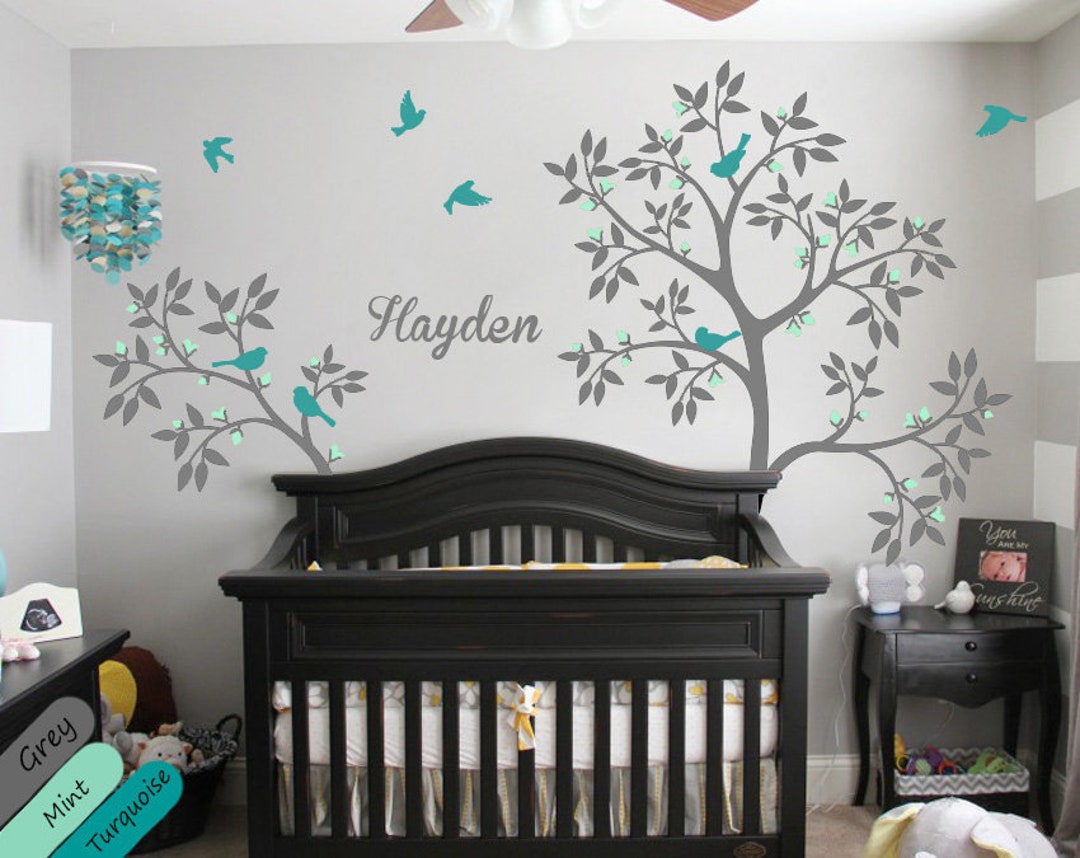 Large Tree Wall Decal With Personalized Name Flying Birds Wall Mural ...