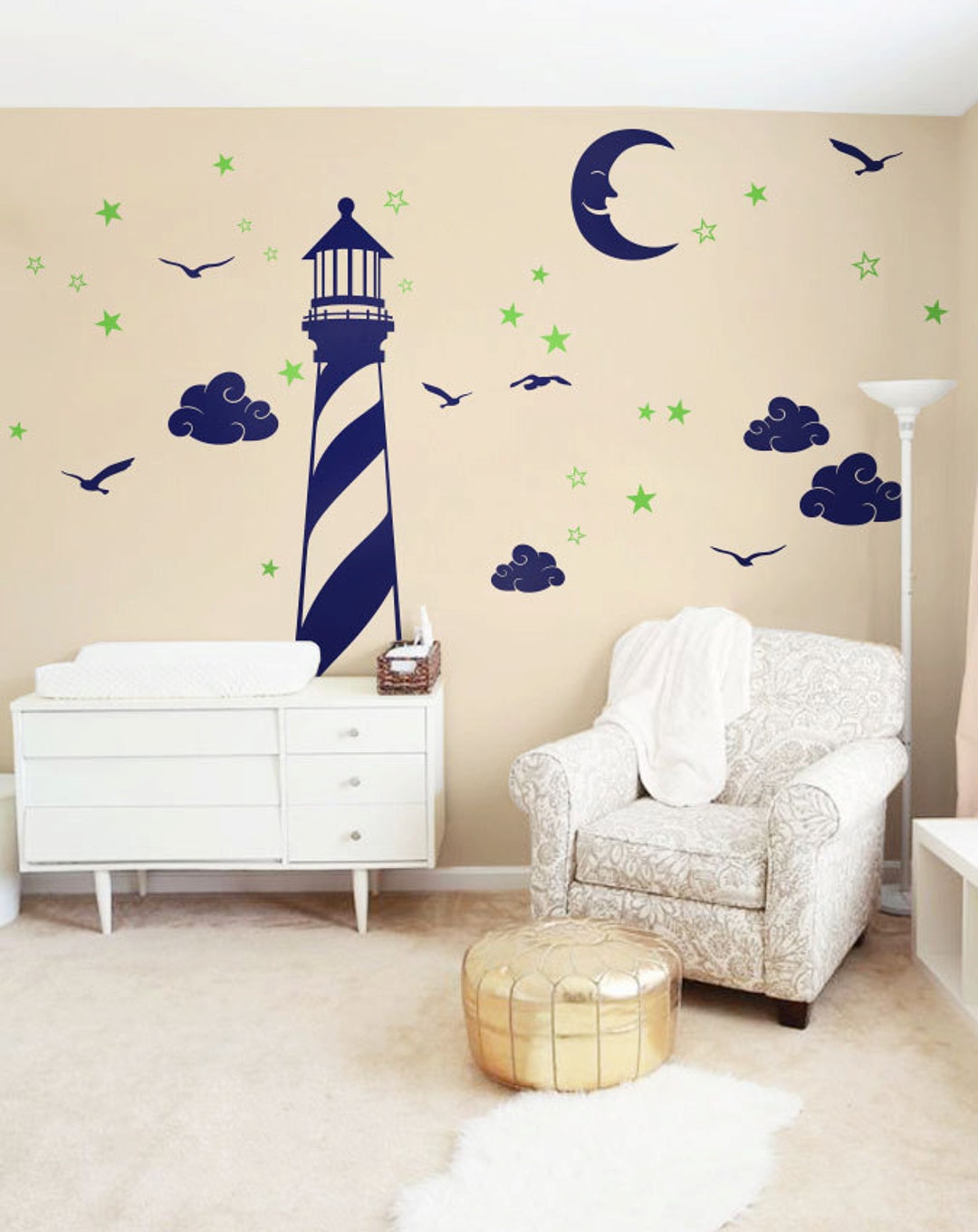Nursery Lighthouse Wall Decal With Stars, Clouds and Moon Scene, Great