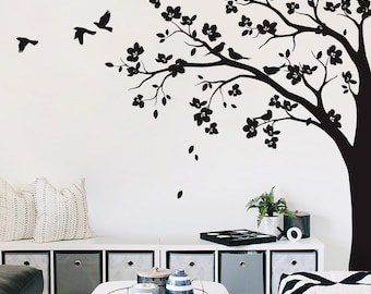 Large Tree Wall Decal Huge Tree decal Sticker with Blossoms Corner Wall Art Decoration Tattoo Wall Mural Décor - 087