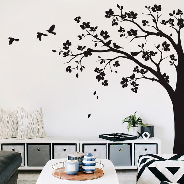 Large Tree Wall Decal Huge Tree decal Sticker with Blossoms Corner Wall Art Decoration Tattoo Wall Mural Décor - 087
