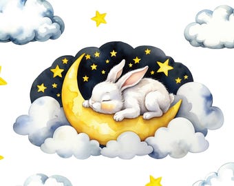 Adesivo murale coniglietto addormentato / Adesivo in tessuto per cameretta con luna e stelle