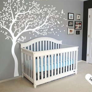 White Tree Wall Decal Large Tree wall decal Wall Mural Stickers Wall Decals Decor Nursery Tree and Birds Wall Art Tattoo Nature - 099
