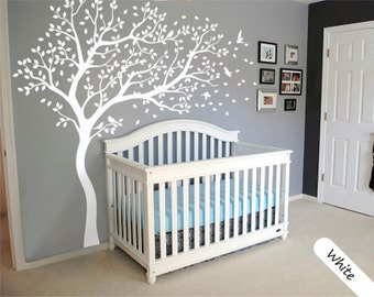 White Tree Wall Decal Large Tree wall decal Wall Mural Stickers Wall Decals Decor Nursery Tree and Birds Wall Art Tattoo Nature - 099