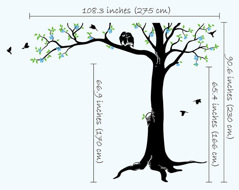 081 Tree wall decal Large tree wall decals Huge nursery wall decor wall mural decor Blossoms kids room wall decoration with cute owls